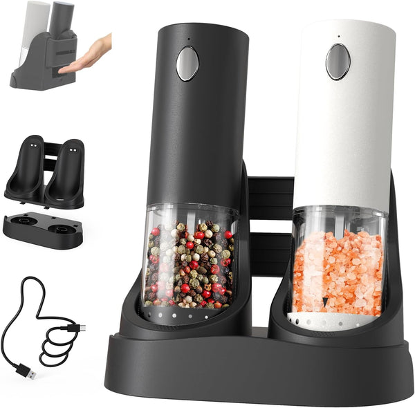 CIRCLE JOY Electric Salt and Pepper Grinder Set Automatic Salt and Pepper Mills Set with Easy-to-Carry Charging Base and LED Light, USB Rechargeable, Upgrade External Adjustable Coarseness