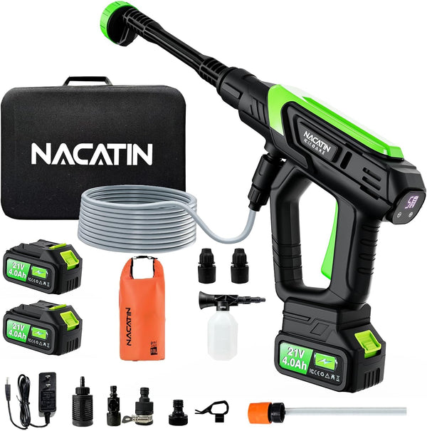 1000PSI Cordless Pressure Washer, 21V 4.0Ah Battery-Powered Brushless Motor Power Washer with 6-in-1 Nozzle, 5 Gear Pressure, Tap Adapter for Car Washing, Patio, Fence, Driveway, Outdoor Cleaning