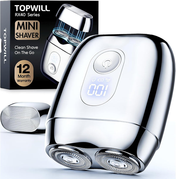 All-Metal Mini Electric Shaver for Men – Portable Travel Razor with Mirror Cap, Smooth & Close Shave, LED Display, USB-C Fast Charge, Wet/Dry Waterproof – RX40 Silver
