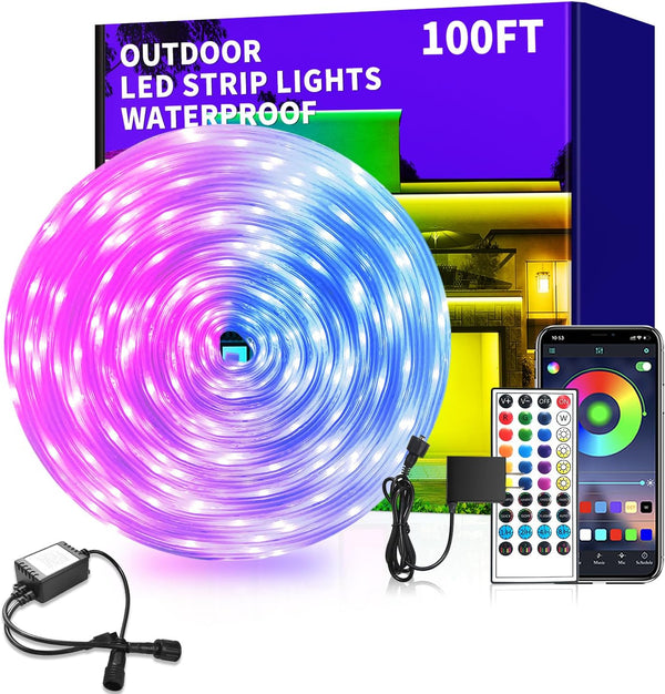 100ft Outdoor LED Strip Lights Waterproof,IP68 Outside Led Light Strips Waterproof with APP/Remote Control,Music Sync RGB Exterior Led Rope Lights for Bedroom roof Garden Staircase Parties